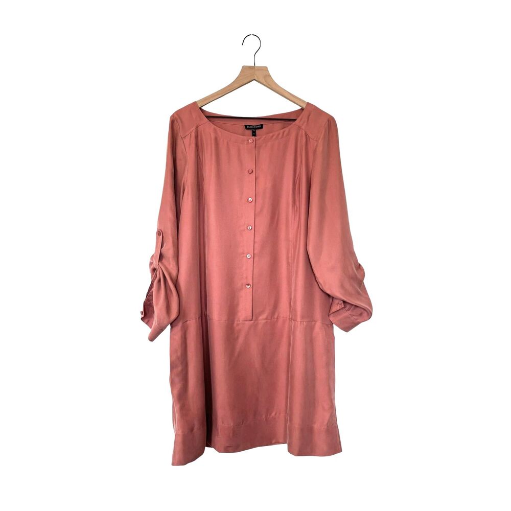 Eileen Fisher 100% Silk Coral Pink Long Sleeve Midi Dress Pockets NWT Size M